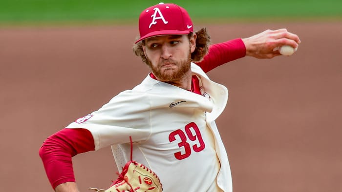 Arkansas Razorbacks starting pitcher Hunter Hollan in third game against Eastern Illinois on Sunday.
